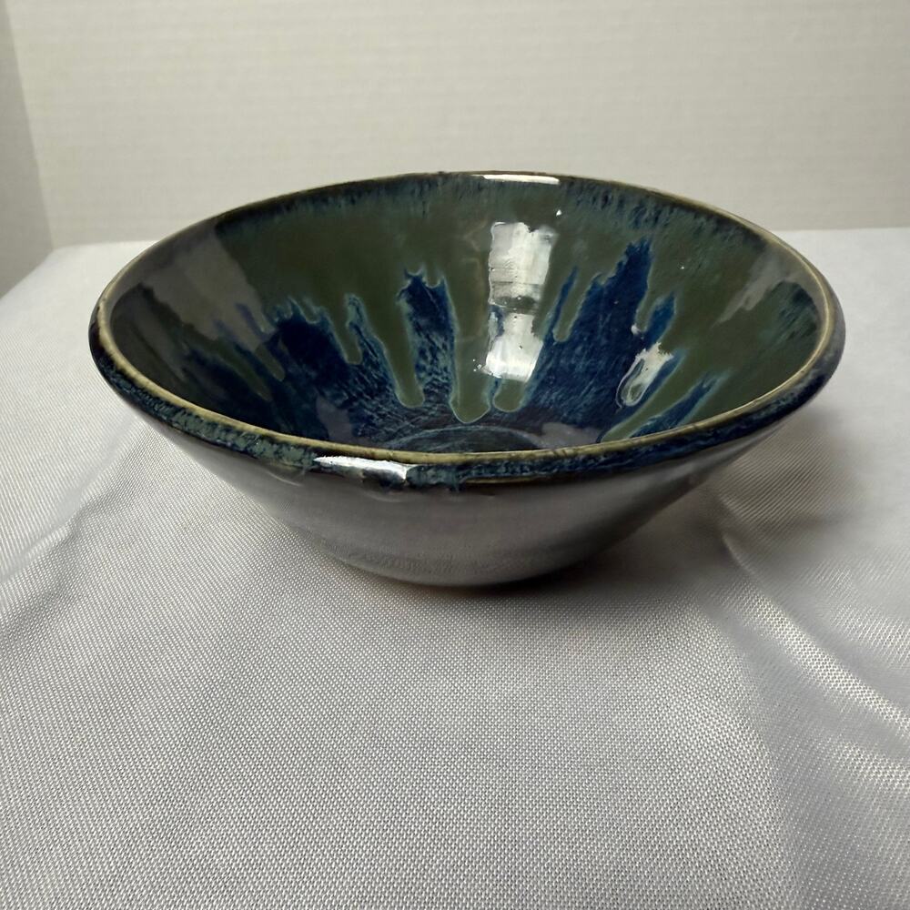 VTG Signed Studio Pottery Bowl Drip Glaze Cobalt Blue Olive Green Handmade Art